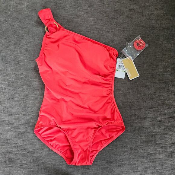 MICHAEL Michael Kors Women's Sea Coral One-Shoulder One Piece Swimsuit Size 8 - Picture 1 of 13